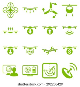 Quadcopter service icon set designed with eco green color. These flat pictograms are isolated on a white background.