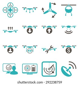 Quadcopter service icon set designed with grey and cyan colors. These flat bicolor pictograms are isolated on a white background.