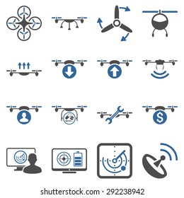 Quadcopter service icon set designed with cobalt and gray colors. These flat bicolor pictograms are isolated on a white background.