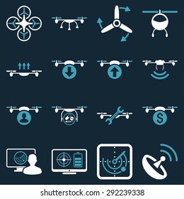 Quadcopter service icon set designed with blue and white colors. These flat bicolor pictograms are isolated on a dark blue background.