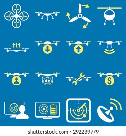 Quadcopter service icon set designed with yellow and white colors. These flat bicolor pictograms are isolated on a blue background.