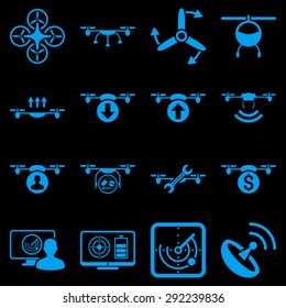 Quadcopter service icon set designed with blue color. These flat pictograms are isolated on a black background.