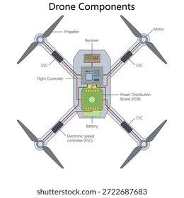 quadricóptero mostrando todos os principais componentes de drones, incluindo motores, ESC, controlador de voo, bateria e diagrama de diagrama de placa de energia desenhado à mão vetor esquemático. Ilustração educacional científica