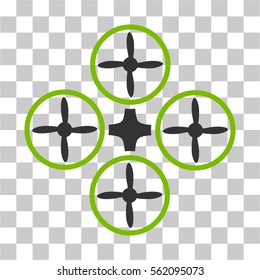 Quadcopter vector icon. Illustration style is flat iconic bicolor eco green and gray symbol on a transparent background.