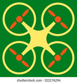 Quadcopter vector icon. Style is bicolor flat symbol, orange and yellow colors, rounded angles, green background.