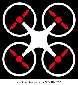 Quadcopter vector icon. Style is bicolor flat symbol, red and white colors, rounded angles, black background.