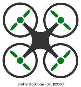 Quadcopter vector icon. Style is bicolor flat symbol, green and gray colors, rounded angles, white background.