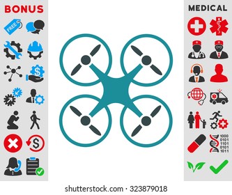 Quadcopter vector icon. Style is bicolor flat symbol, soft blue colors, rounded angles, white background.