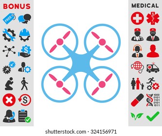 Quadcopter vector icon. Style is bicolor flat symbol, pink and blue colors, rounded angles, white background.