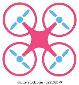 Quadcopter vector icon. Style is bicolor flat symbol, pink and blue colors, rounded angles, white background.