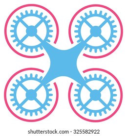 Quadcopter vector icon. Style is bicolor flat symbol, pink and blue colors, rounded angles, white background.
