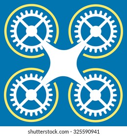 Quadcopter vector icon. Style is bicolor flat symbol, yellow and white colors, rounded angles, blue background.