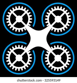 Quadcopter vector icon. Style is bicolor flat symbol, blue and white colors, rounded angles, black background.