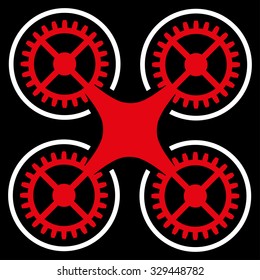Quadcopter vector icon. Style is bicolor flat symbol, red and white colors, rounded angles, black background.