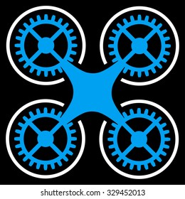 Quadcopter vector icon. Style is bicolor flat symbol, blue and white colors, rounded angles, black background.