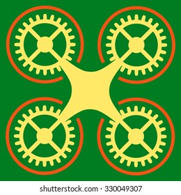 Quadcopter vector icon. Style is bicolor flat symbol, orange and yellow colors, rounded angles, green background.