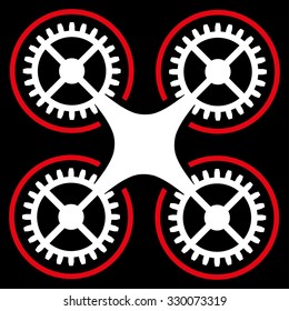 Quadcopter vector icon. Style is bicolor flat symbol, red and white colors, rounded angles, black background.