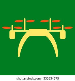 Quadcopter vector icon. Style is bicolor flat symbol, orange and yellow colors, rounded angles, green background.