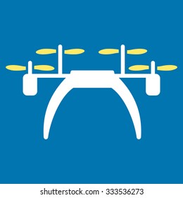 Quadcopter vector icon. Style is bicolor flat symbol, yellow and white colors, rounded angles, blue background.