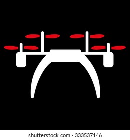 Quadcopter vector icon. Style is bicolor flat symbol, red and white colors, rounded angles, black background.