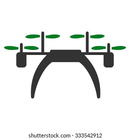 Quadcopter vector icon. Style is bicolor flat symbol, green and gray colors, rounded angles, white background.