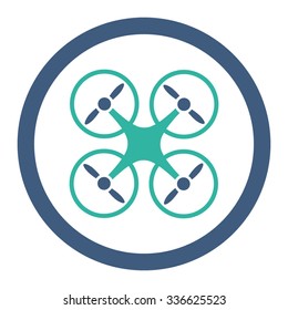 Quadcopter vector icon. Style is bicolor flat rounded symbol, cobalt and cyan colors, rounded angles, white background.