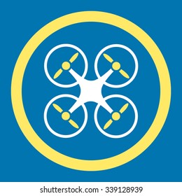 Quadcopter vector icon. Style is bicolor flat rounded symbol, yellow and white colors, rounded angles, blue background.