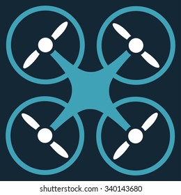 Quadcopter vector icon. Style is bicolor flat symbol, blue and white colors, rounded angles, dark blue background.