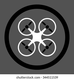 Quadcopter vector icon. Style is bicolor flat rounded symbol, black and white colors, rounded angles, gray background.