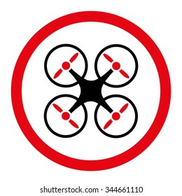 Quadcopter vector icon. Style is bicolor flat rounded symbol, intensive red and black colors, rounded angles, white background.