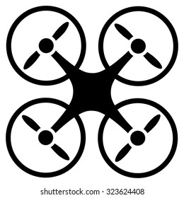 Quadcopter vector icon. Style is flat symbol, black color, rounded angles, white background.