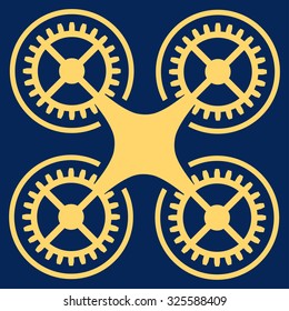 Quadcopter vector icon. Style is flat symbol, yellow color, rounded angles, blue background.