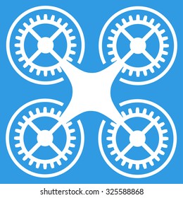 Quadcopter vector icon. Style is flat symbol, white color, rounded angles, blue background.