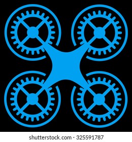 Quadcopter vector icon. Style is flat symbol, blue color, rounded angles, black background.