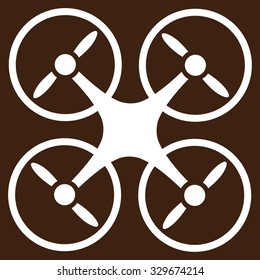 Quadcopter vector icon. Style is flat symbol, white color, rounded angles, brown background.