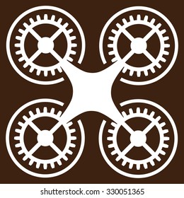 Quadcopter vector icon. Style is flat symbol, white color, rounded angles, brown background.