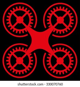 Quadcopter vector icon. Style is flat symbol, red color, rounded angles, black background.
