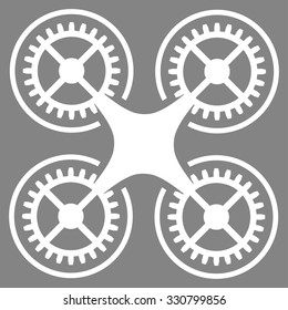 Quadcopter vector icon. Style is flat symbol, white color, rounded angles, gray background.
