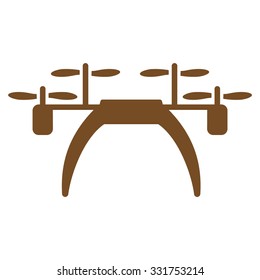 Quadcopter vector icon. Style is flat symbol, brown color, rounded angles, white background.