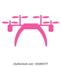 Quadcopter vector icon. Style is flat symbol, pink color, rounded angles, white background.