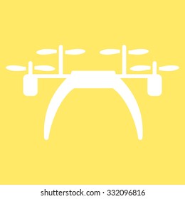 Quadcopter vector icon. Style is flat symbol, white color, rounded angles, yellow background.