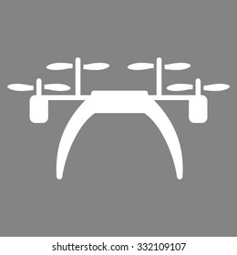 Quadcopter vector icon. Style is flat symbol, white color, rounded angles, gray background.