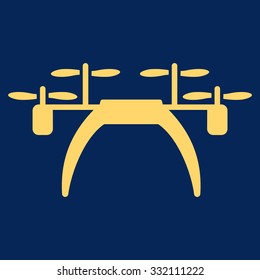 Quadcopter vector icon. Style is flat symbol, yellow color, rounded angles, blue background.