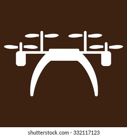 Quadcopter vector icon. Style is flat symbol, white color, rounded angles, brown background.