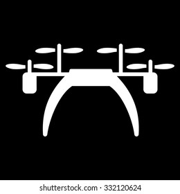 Quadcopter vector icon. Style is flat symbol, white color, rounded angles, black background.
