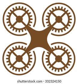 Quadcopter vector icon. Style is flat symbol, brown color, rounded angles, white background.