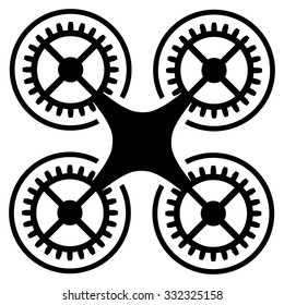 Quadcopter vector icon. Style is flat symbol, black color, rounded angles, white background.