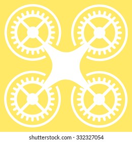 Quadcopter vector icon. Style is flat symbol, white color, rounded angles, yellow background.