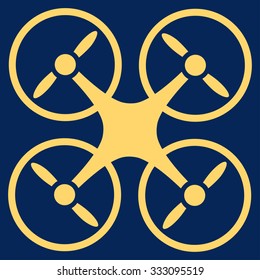Quadcopter vector icon. Style is flat symbol, yellow color, rounded angles, blue background.