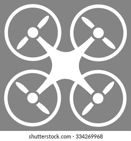 Quadcopter vector icon. Style is flat symbol, white color, rounded angles, gray background.